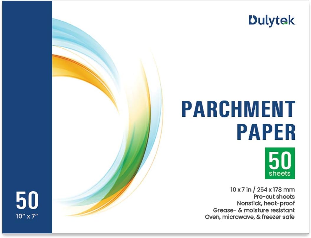 Dulytek Pre-Cut Parchment Paper - 10" x 7" - Slick Silicone Coating on Double Sides [ 50-Sheet ]