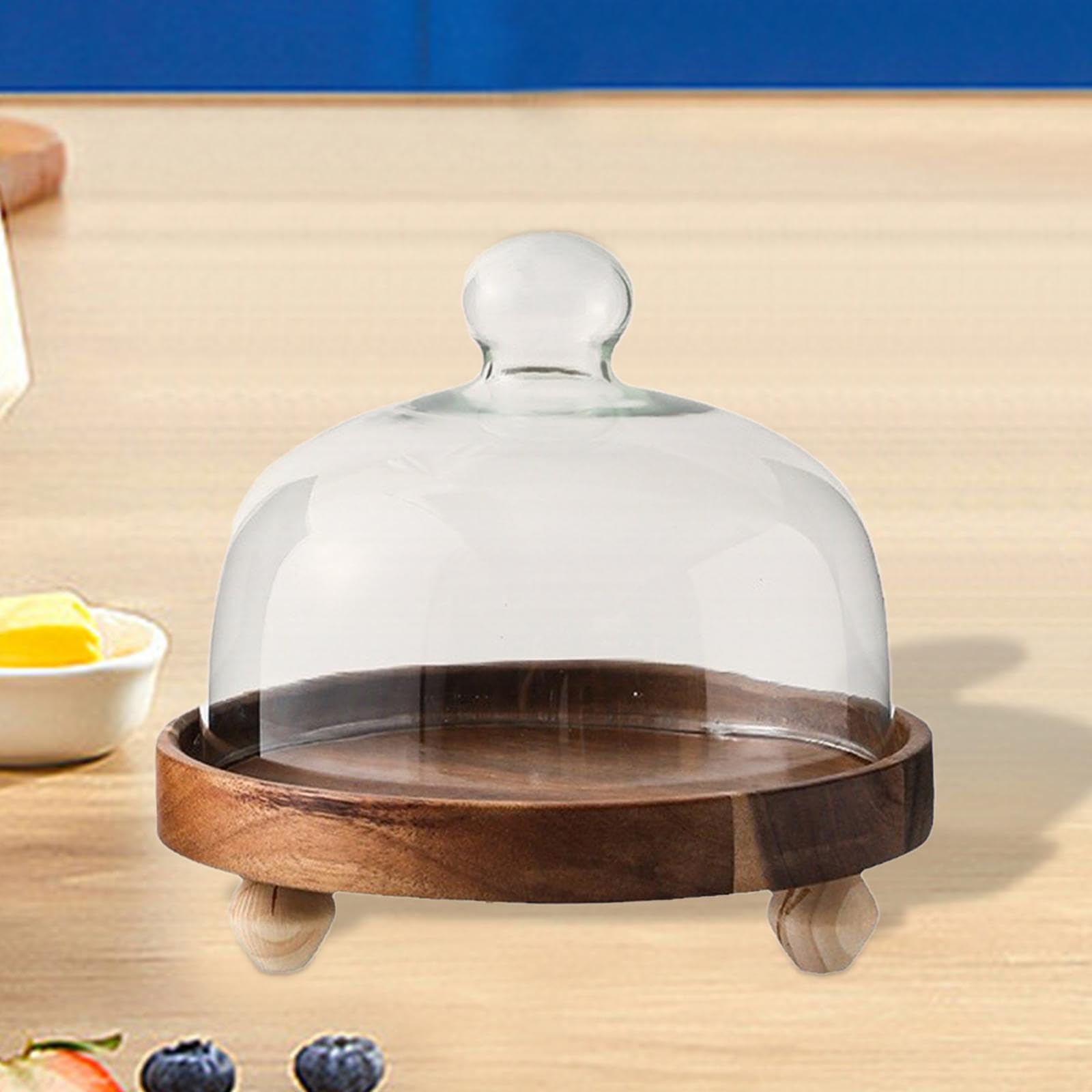 Alzata per Dolci Porta Torta con Campana Piatto Legno E Vetro Vassoio Espositore per Dessert con Coperchio Base Stabile Tre Piedi Adatta a Sala, L