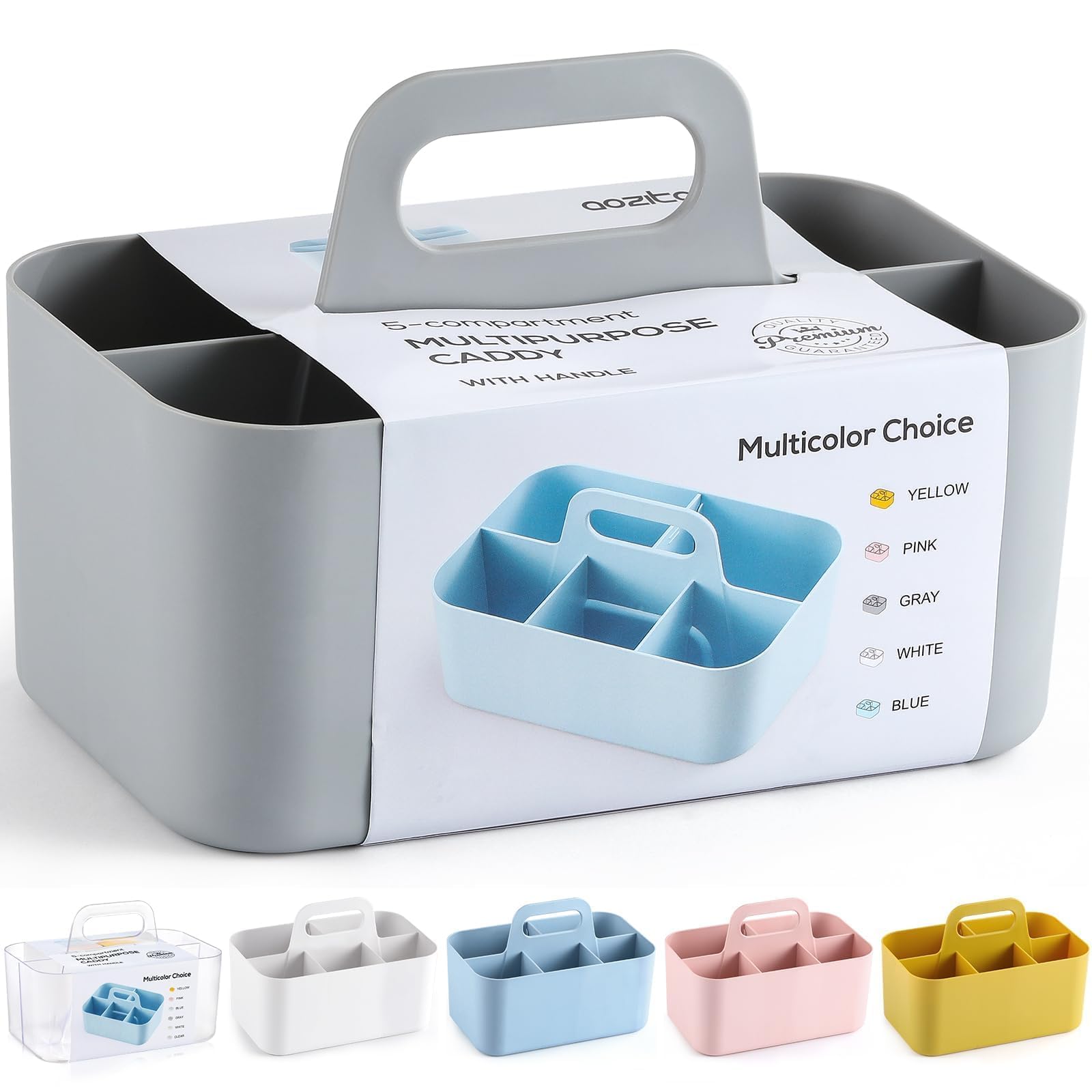 Aozita Grey Multiuse Caddy Organizer With Handle - Stackable Plastic Tote Bin - Art Craft Supplies, Office, Desk, Stationery Pen Holder, Kitchen, Utensil, Makeup, Bathroom, Shower, Cleaning, Dorm Organizer