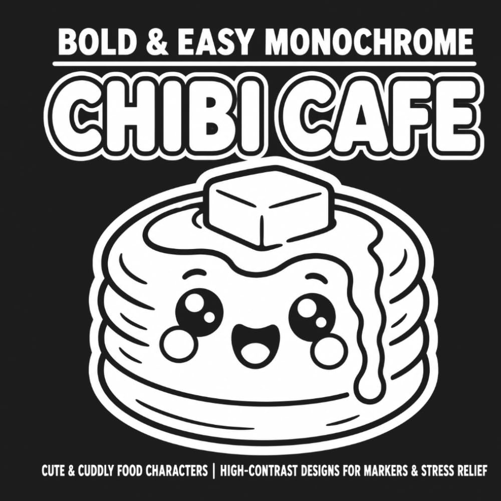 Chibi Cafe: A Bold & Easy Monochrome Coloring Book | Cute & Cuddly Food Characters Featuring High-Contrast Simple Illustrations for Bold Markers