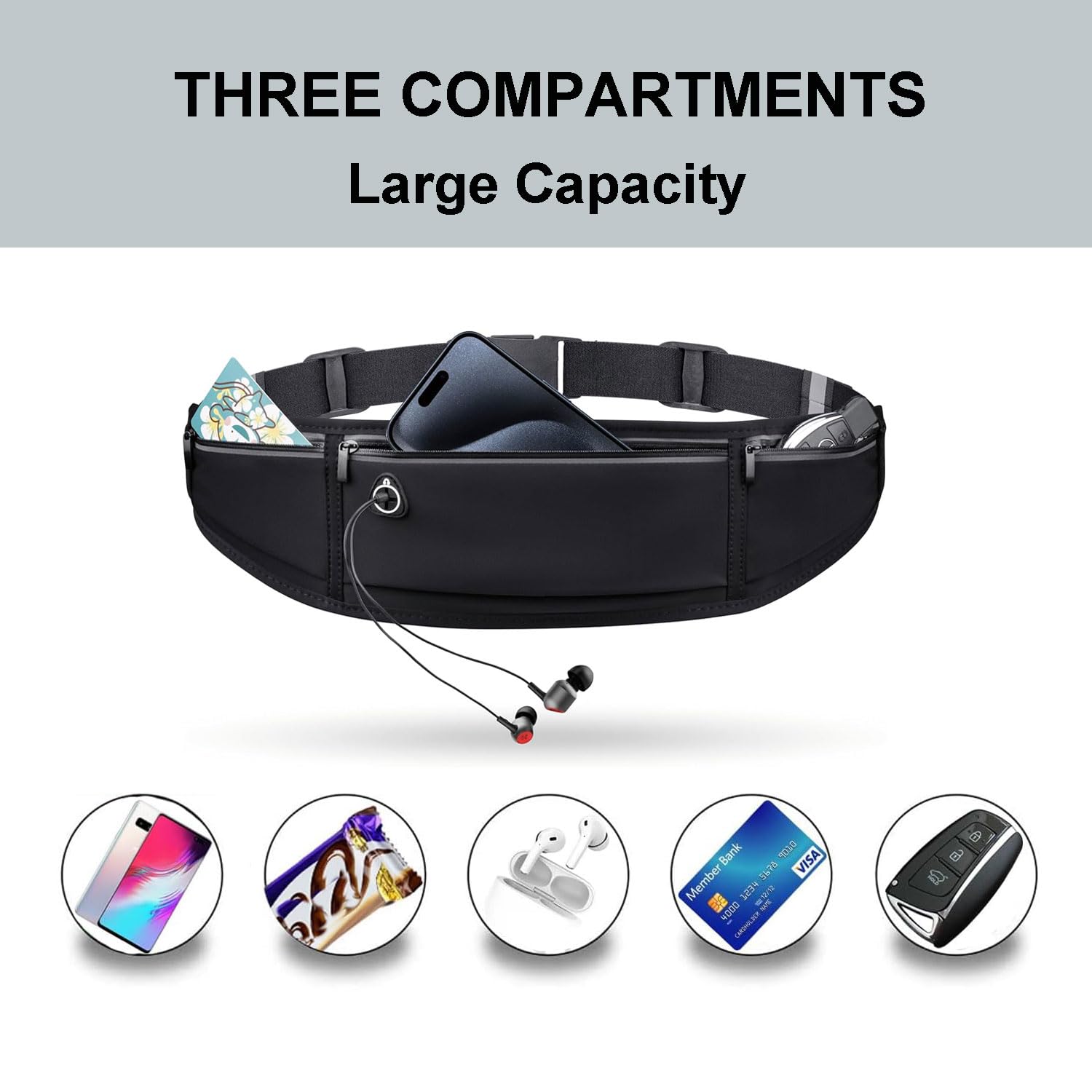 Cintura da corsa impermeabile per cellulare 3 tasche ciclismo fitness passeggiate Nero
