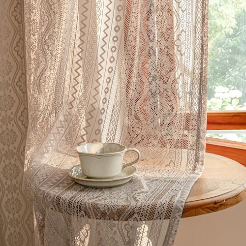 Image of MYSKY HOME Lace French Door Curtains 40 inch Long 2 Panels Boho Sheer Floral Curtains for Door Window Scalloped Doorway Sidelight Curtains Come with 2 Matching Tie-Backs, 26 inch Wide Each Panel, Brown