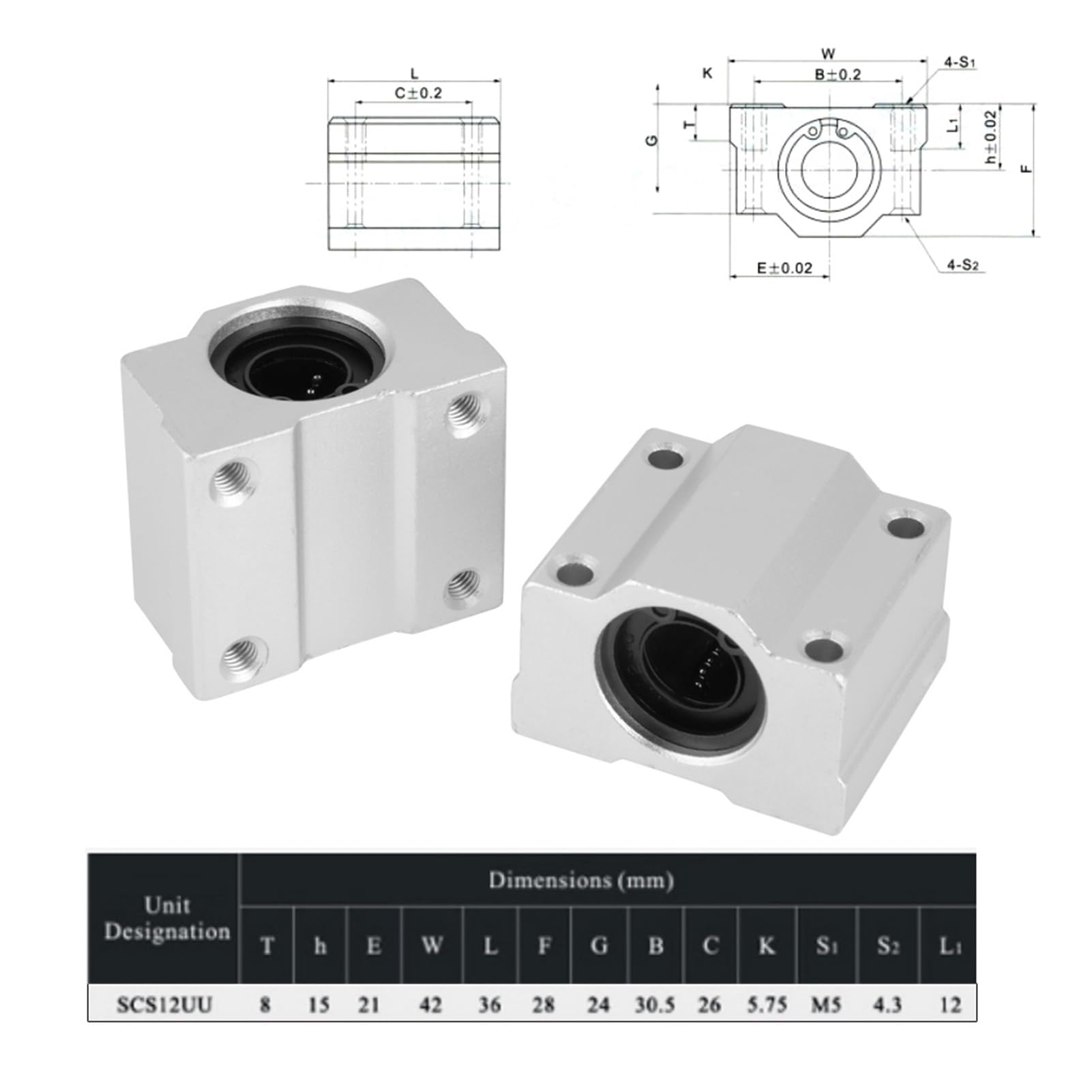 Bloc de glissière à roulement linéaire, 4 pièces/ensemble SCS12UU Bloc de glissière à roulement à billes en aluminium à mouvement linéaire Diamètre intérieur 12 mm Largement utilisé dans les outils él