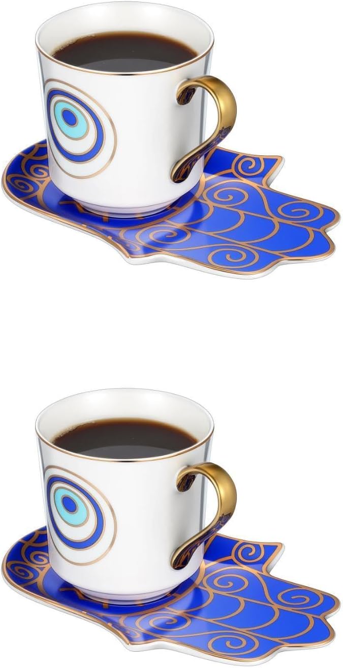 Zerodeko 2-Pack Evil Eye Porcelain Tea Mug Set with Saucer Microwave & Dishwasher Safe Ceramic Cups for Home Office Anti-Scald Handle 4.13X5.90X2.95In Decorative Coffee Cups for Relaxing Tea Time
