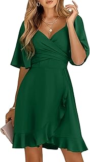 Women's Wrap V Neck Short Flared Sleeve Wedding Guest Dress Smocked Elastic Waist Tiered Belted Ruffle Hem Mini Dress - Buy now