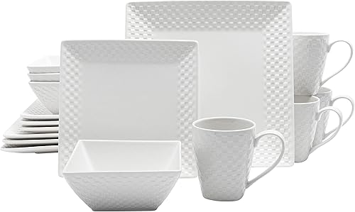 Vikko Juego de vajilla cuadrada de 16 piezas, vajilla cuadrada de porcelana fina, cuencos, tazas de café