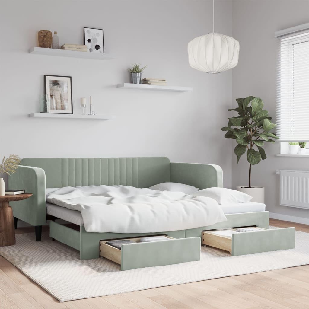 Łóżko dzienne wysuwane, jasnoszare 90 x 190 cm, aksamitne, z szufladami, sofa do spania 2 w 1, do pokoju gościnnego, wytrzymała rama łóżka z metalu i drewna, nowoczesne wzornictwo