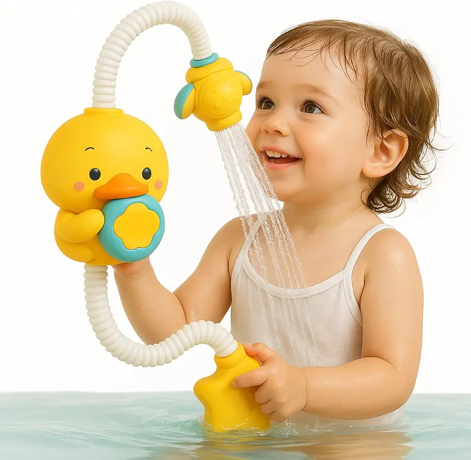 Chuveirinho Infantil Patinho com Bomba D’Água Brinquedo de Banho Bebê Jato Ajustável Ventosa Cano Flexível Banheira Meninos Meninas