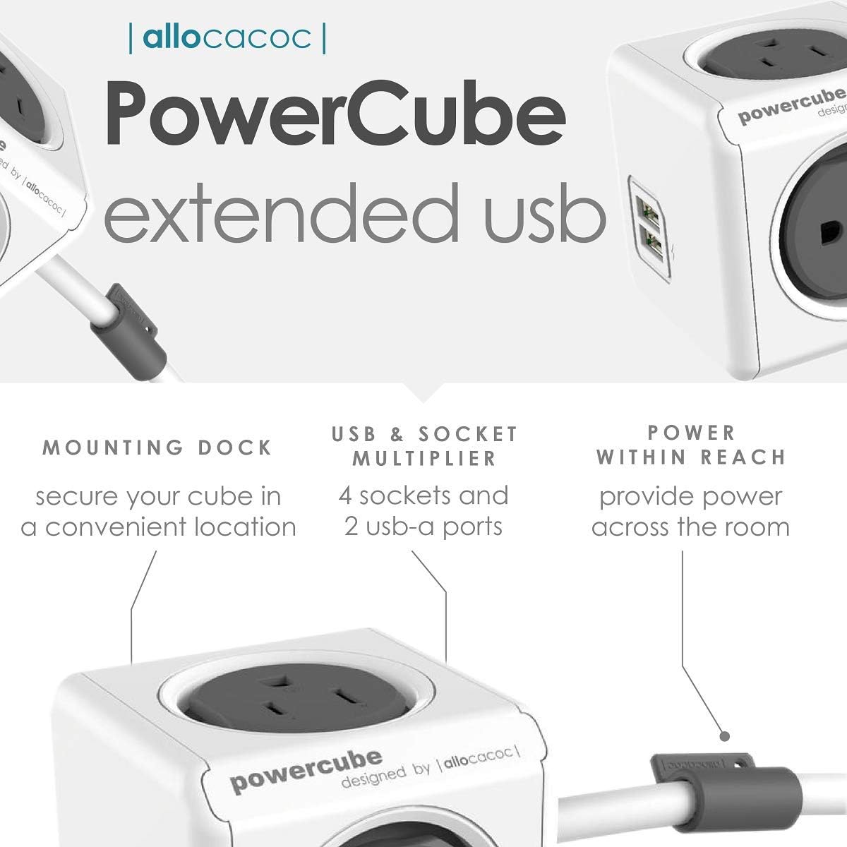 Allocacoc PowerCube Extended 4 Outlets 2USB, 5ft Power Strip Surge Protector 1875W 15A 125V 14AWG, No Blockage, Mounting Dock, Heavy Duty Travel Home Office Dorm Cruise Compact Space Saving, ETL