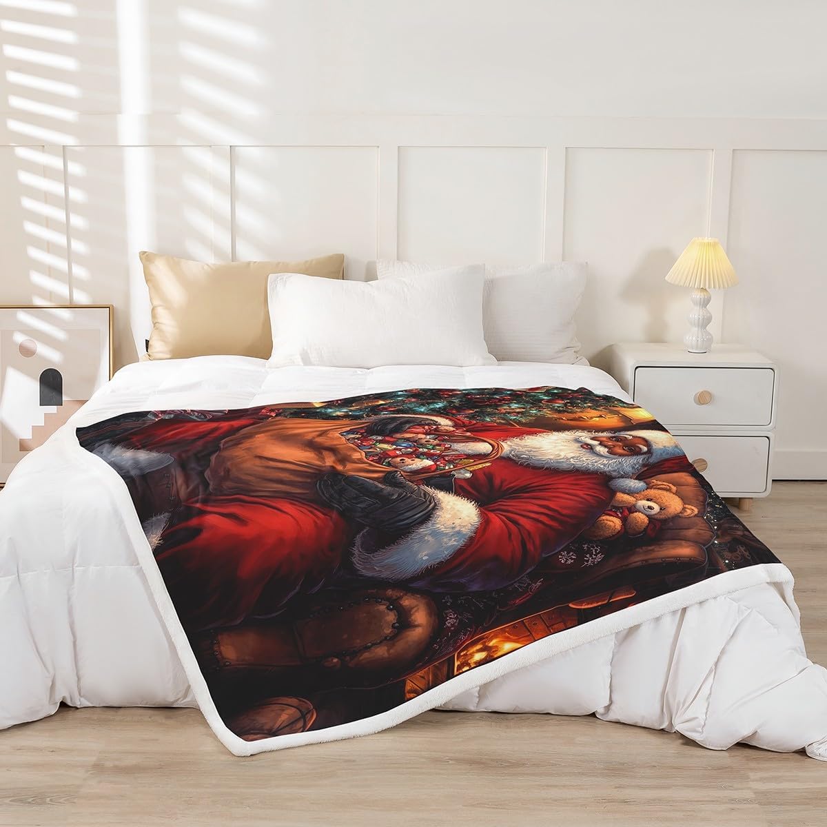 jejeloiu Christmas Fleece Throw Blanket Black African American Santa Claus Sherpa Blanket Throw 50"x60" for Bed Sofa Couch Bedroom Decor Kids Adults Xmas Gift Fuzzy Plush