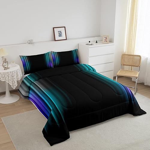 Miniatura 2 de Feelyou Juego de ropa de cama geométrica degradada para hombres, adultos, adolescentes, verde azulado y azul, gris, negro, a rayas, juego de edredón