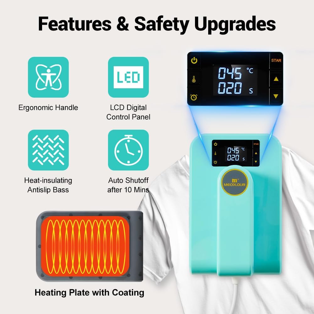 MECOLOUR Heat Press Machine for T-Shirts(5x7 In), Portable Heat Press Used to Sublimation and HTV Vinyl with Precise Temp Control, Max Temp 410℉/210 ℃, for Hat, Bag, Pillows, Heating Transfer Projects