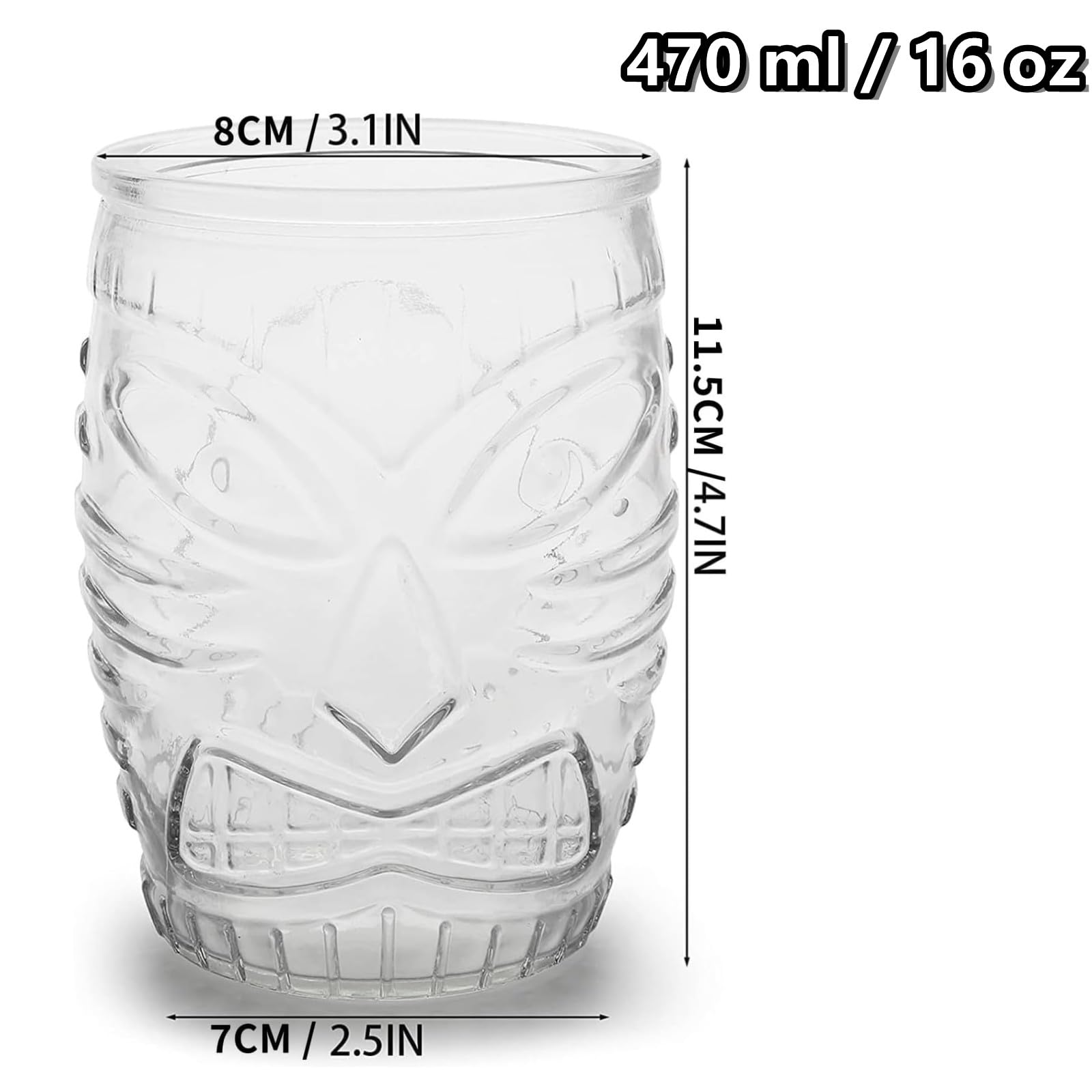 Juego de 6 vasos de cristal transparente Tiki (480 ml) – Copas de cóctel premium para mai tai, piña colada y ron – Hawaiian Luau Party Deko Bar vasos aptos para lavavajillas