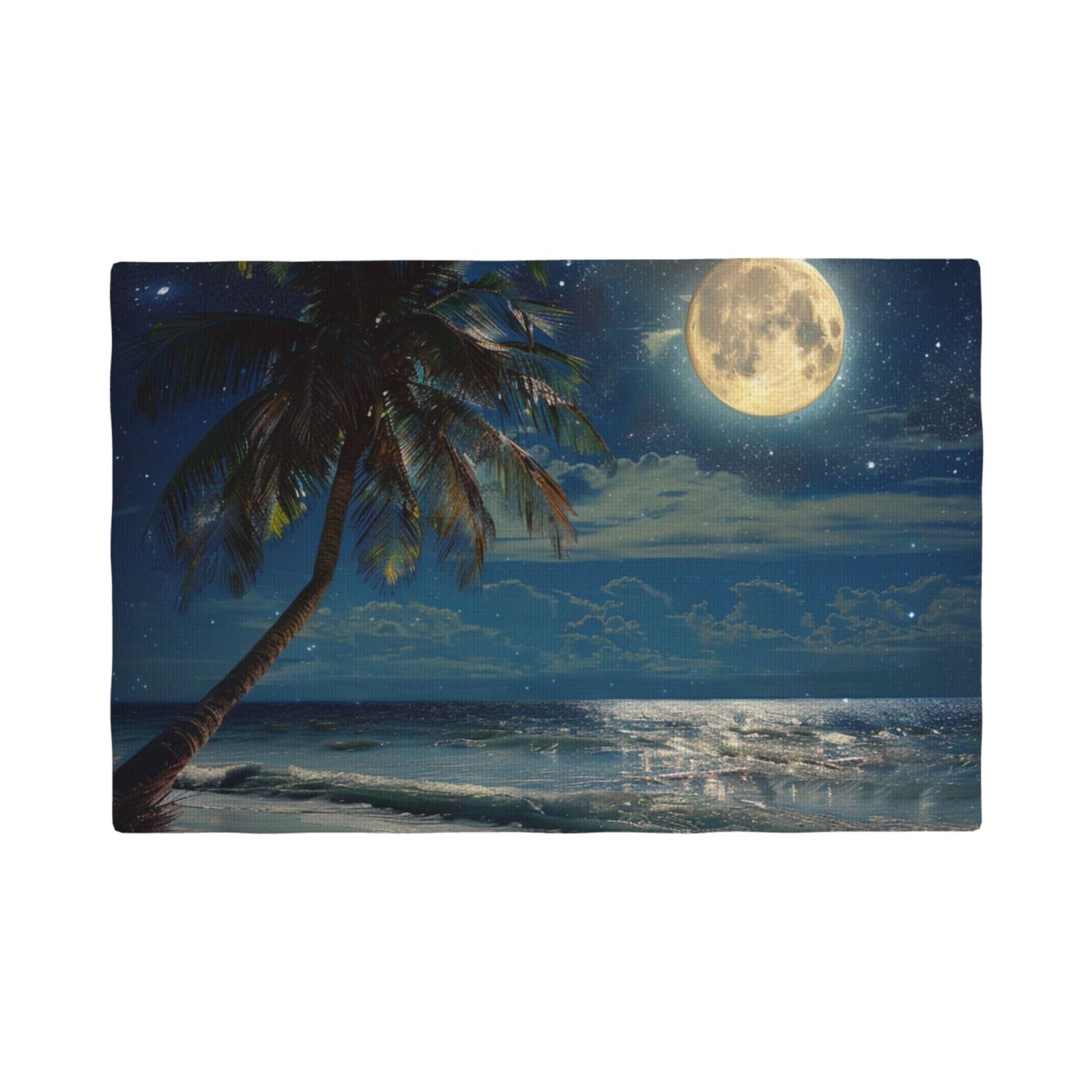Tropical Beach Palm Tree with Full Moon Starry Night Print Placemats Set, Heat Resistant Washable Placemat 12x18in Table Mats for Party Kitchen Dining Table Decoration Indoor Outdoor, Four Pieces
