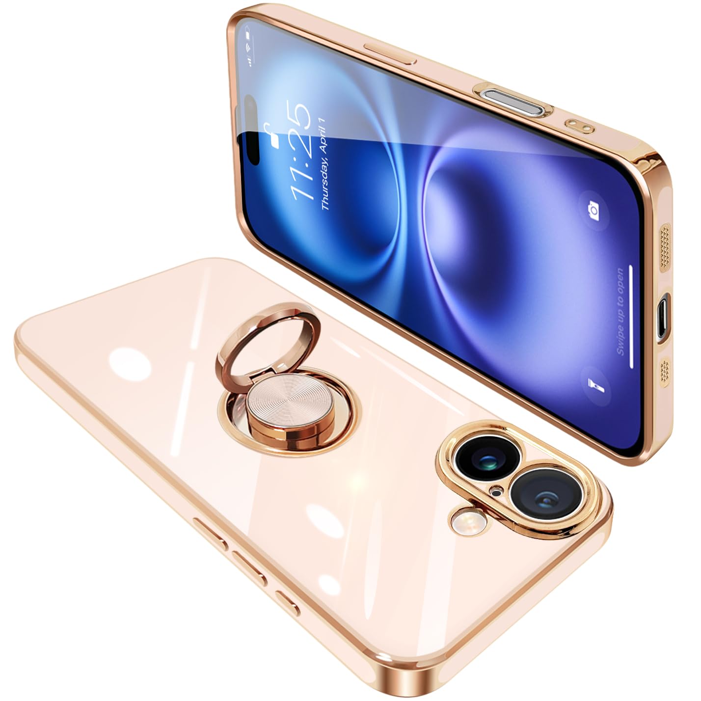 ONETIAOLONG iPhone16用 リング付き ケース 耐衝撃 TPU 360°回転 スタンド機能 ピンク