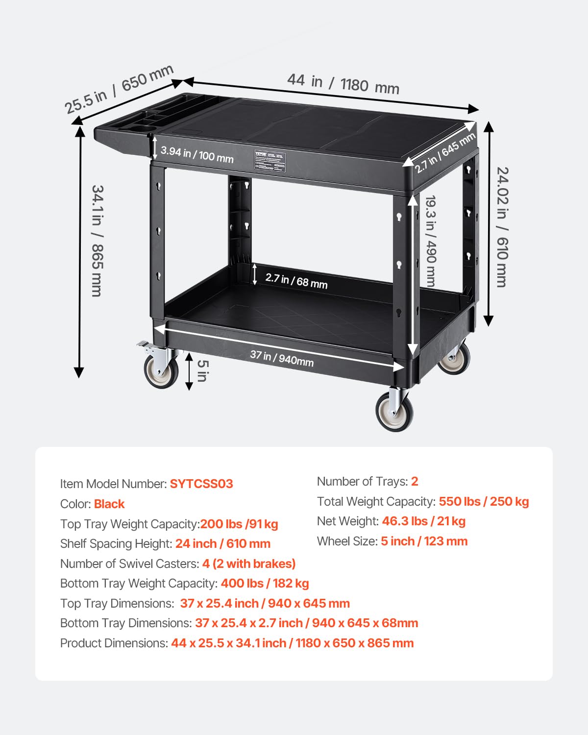 VEVOR Carrello Portaoggetti in Plastica Resistente a Due Ripiani con Ruote Girevoli a 360° Carrello di Servizio da 940 x 645 mm Capacità di Carico di 250 kg Adatto per Magazzino, Garage, Pulizia