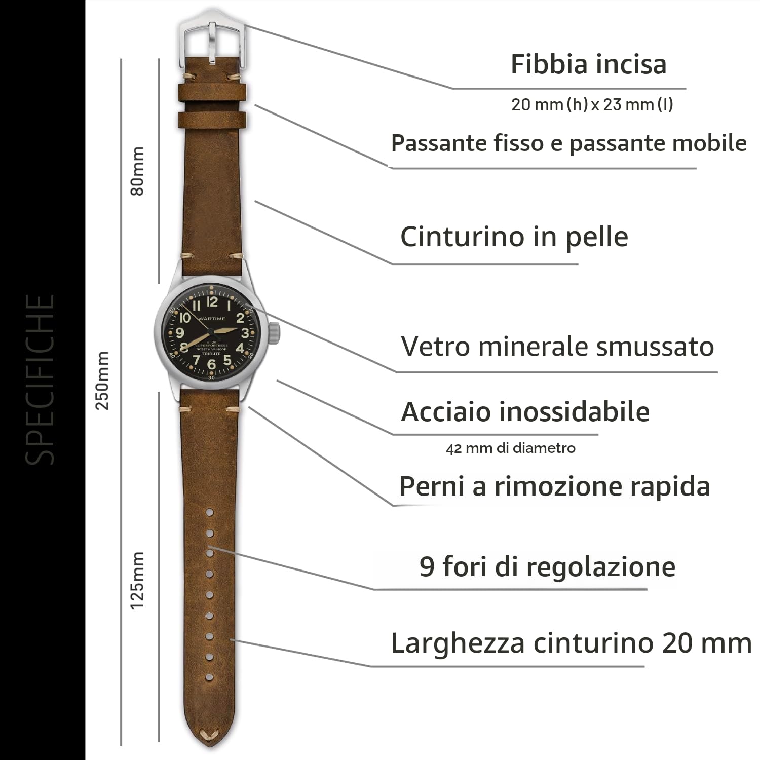 WARTIME | Orologio areonautica militare uomo ispirata al modello della Seconda guerra mondiale A-11 – Edizione limitata da collezione, numerata singolarmente, include due cinturini e accessori extra.