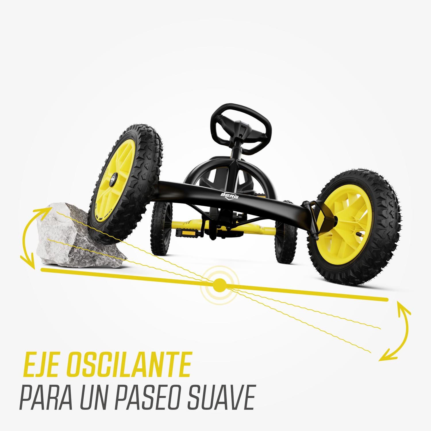 BERG Kart a Pedales Buddy Cross | Amarillo, 3-8 años, cuadro resistente, asiento regulable, volante regulable