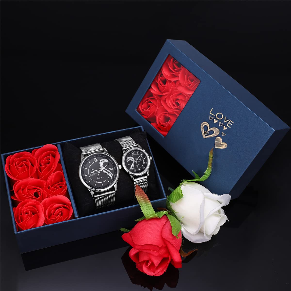 SIBOSUN Reloj para Parejas para él y para Ella, Reloj romántico de San Valentín, Relojes de Pulsera para Parejas de Cuarzo analógico, Juego de 2 Corazones de Malla de Cristal de Acero Inoxidable