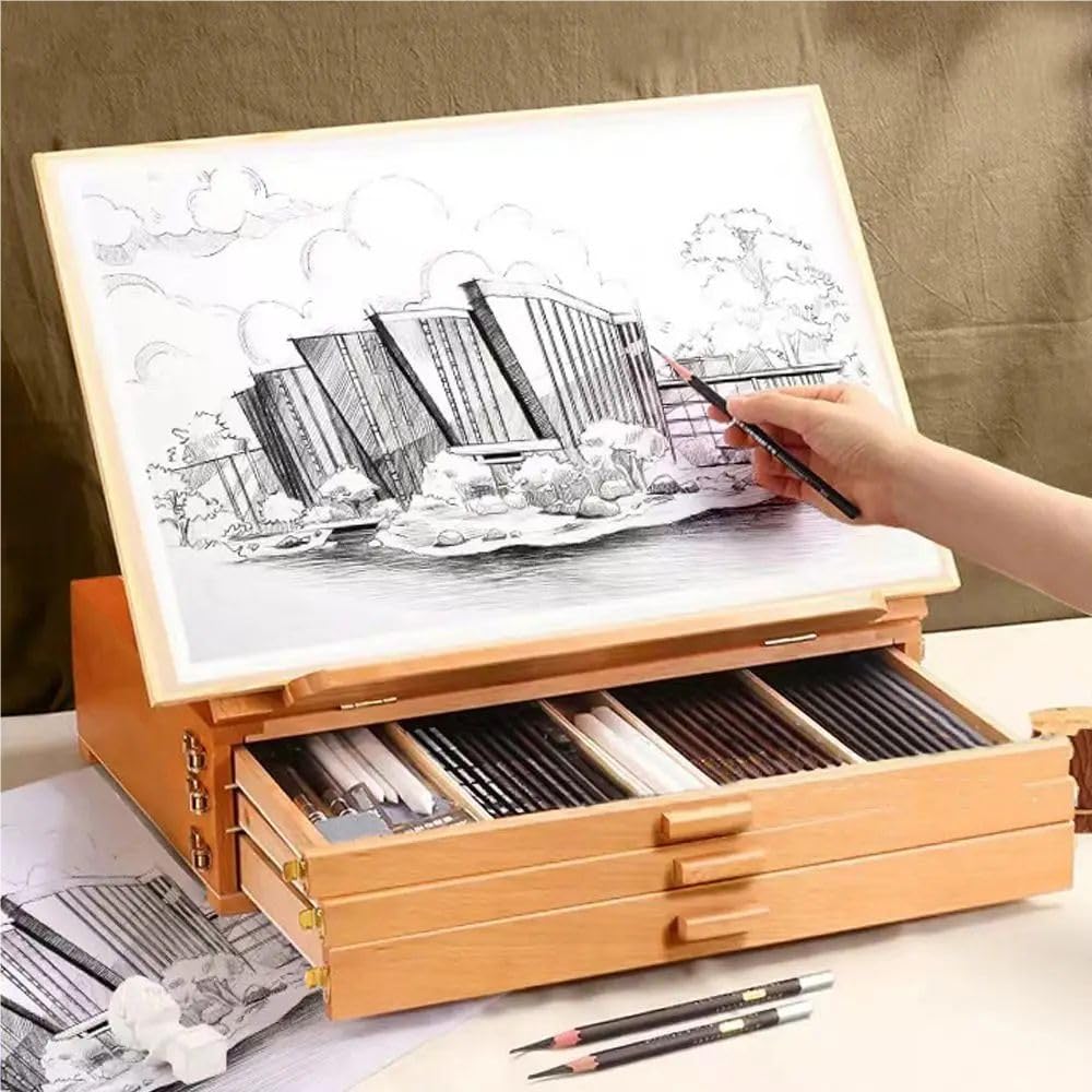 Caballete De Mesa,Caballete De Escritorio Portátil De En Madera De Haya Ajustable, Con 3 Cajones, Adecuado Para Pintura y Dibujo, Ideal Para Adultos, Artistas y Principiantes