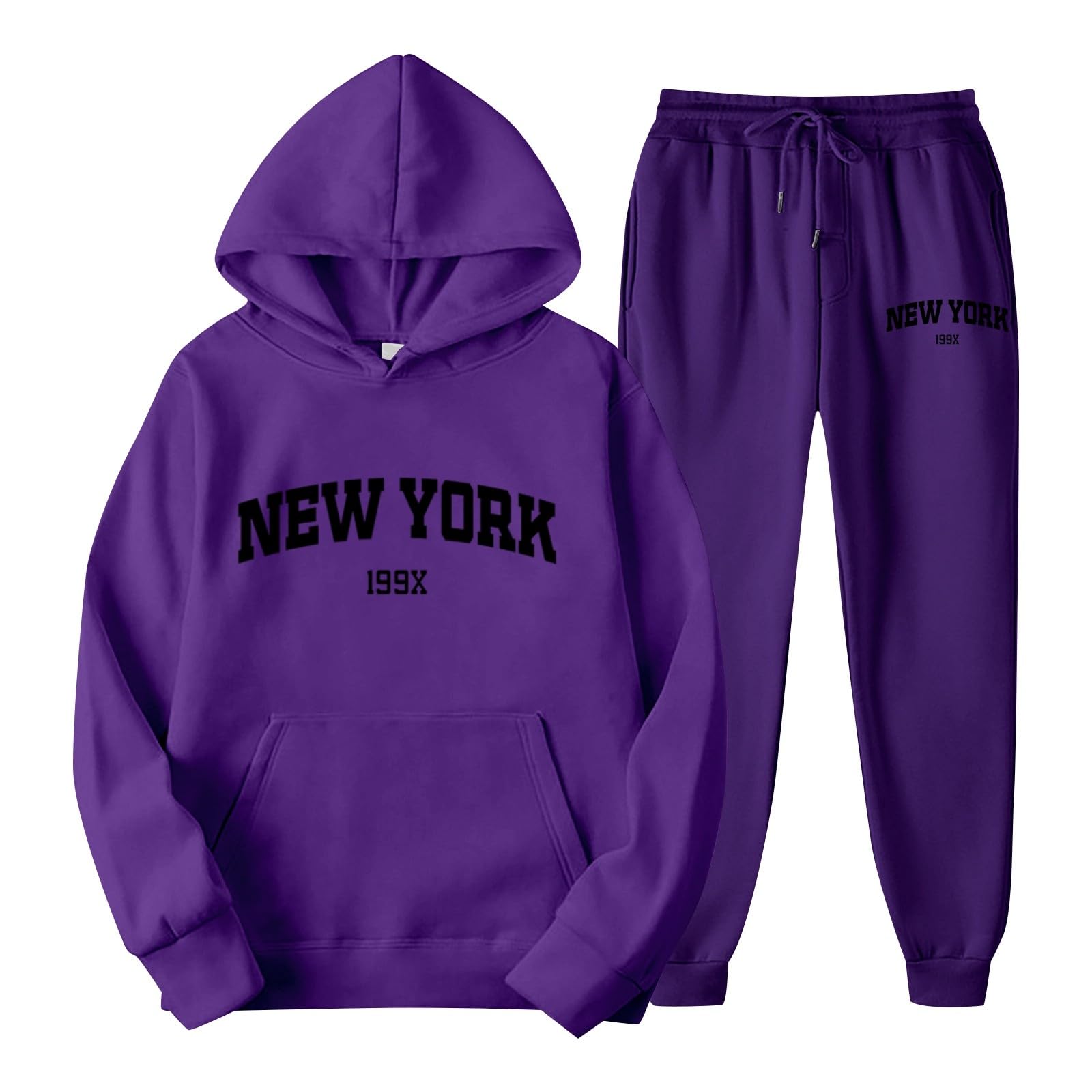 Generisch 2025 - Conjunto de sudadera con capucha y pantalones de chándal con estampado de letras para parejas, unisex, tema de Nueva York, ropa casual, chándal cómodo y elegante con capucha con