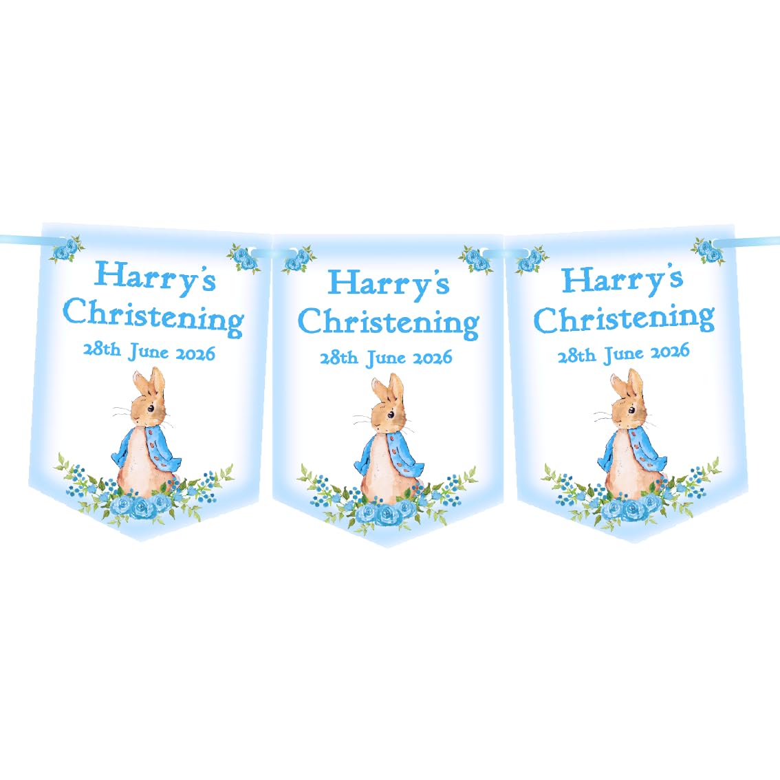 BLUE RABBIT, BUNNY,BOYS PERSONALISED CHRISTENING DECORATIONS, CUSTOM MADE BUNTING, BANNER, 3 METRES LONG