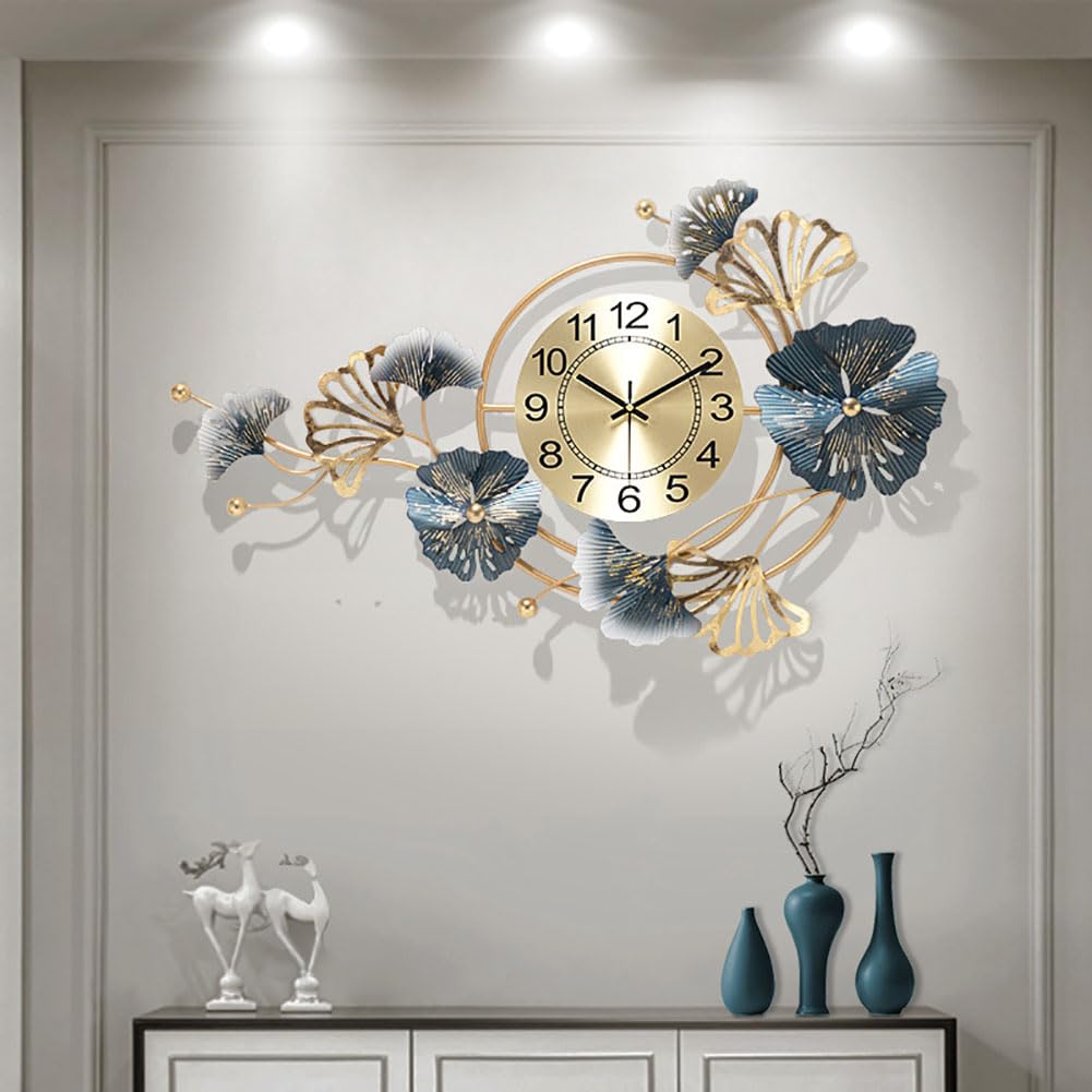 Horloge Murale Moderne 3D Ginkgo Décoration Murale en Métal Salon et Bureau 75cm