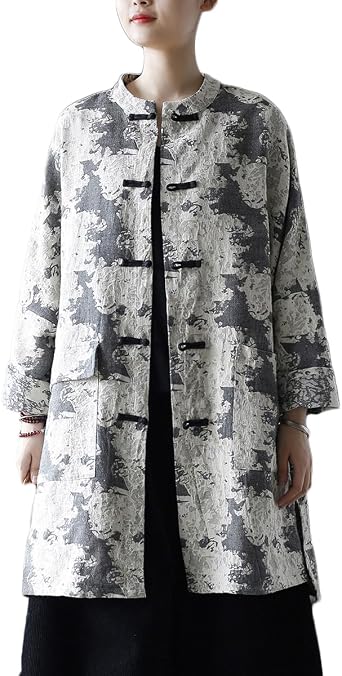 Ystylee Womens Trench Coat Jacquard Long Sleeve Button Down Chinese Vintage Long Loose Duster Jacket