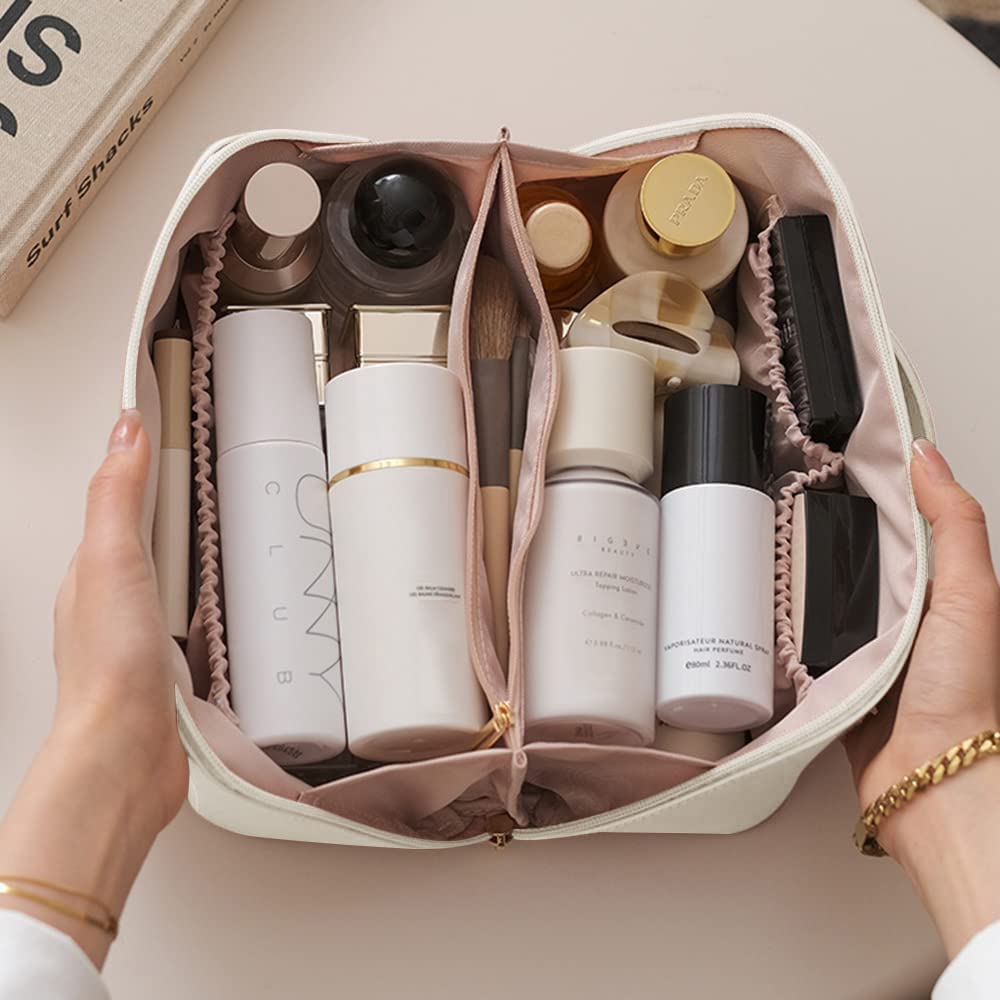 Gnanex Cosmetic Travel Bag Women's Makeup Travel Bag Portable Leather Cosmetics Bag Makeup Storage Bags with Handle and DividerMakeup Organizer Bags (Cream) 3