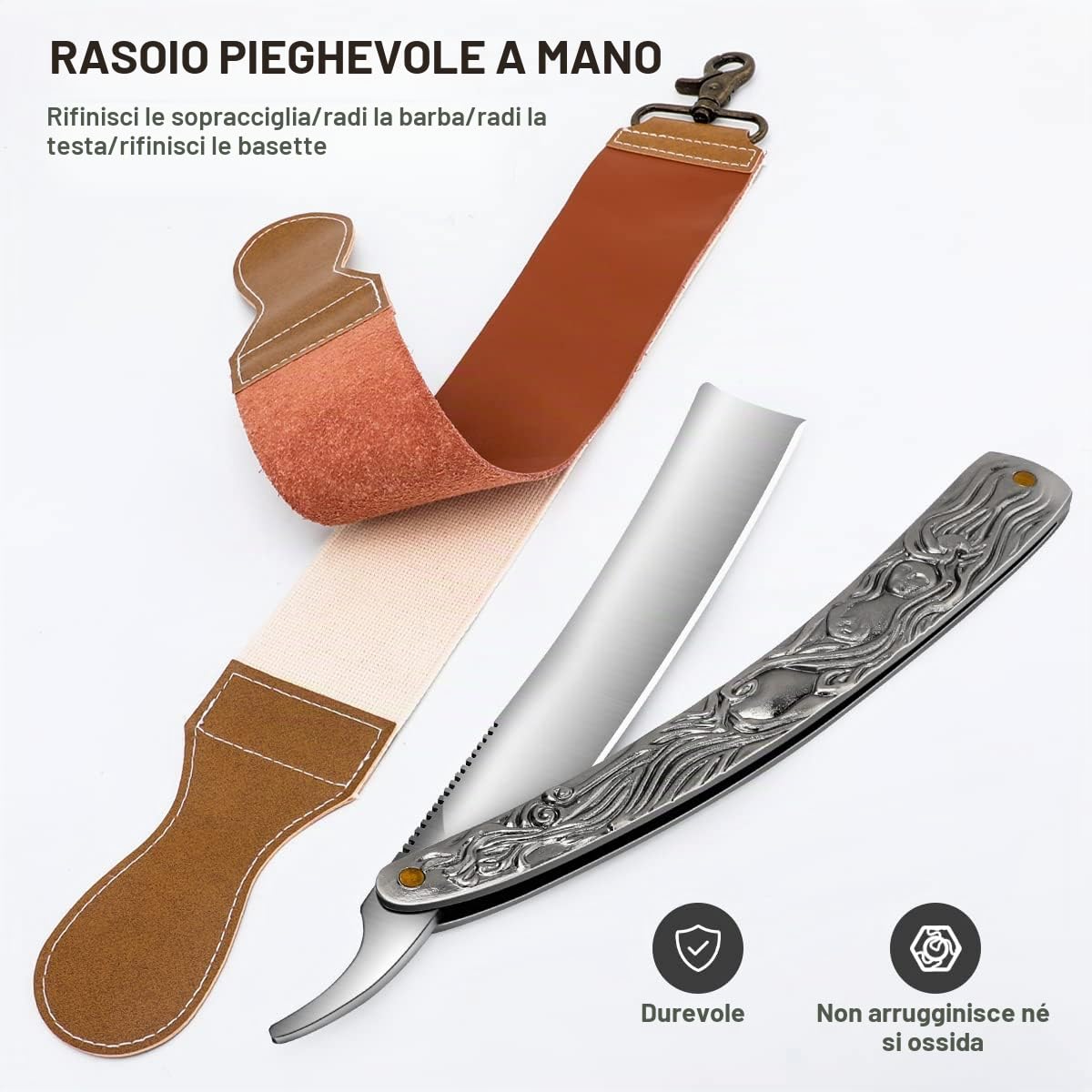 M&LD Rasoio Professionale per la Gola con Affilatrice in Pelle di Mucca - Lama da Barba per Barbieri Taglio Singolo Kit Rimozione Neve in Acciaio Inox per Rasoi Domestici da uomo