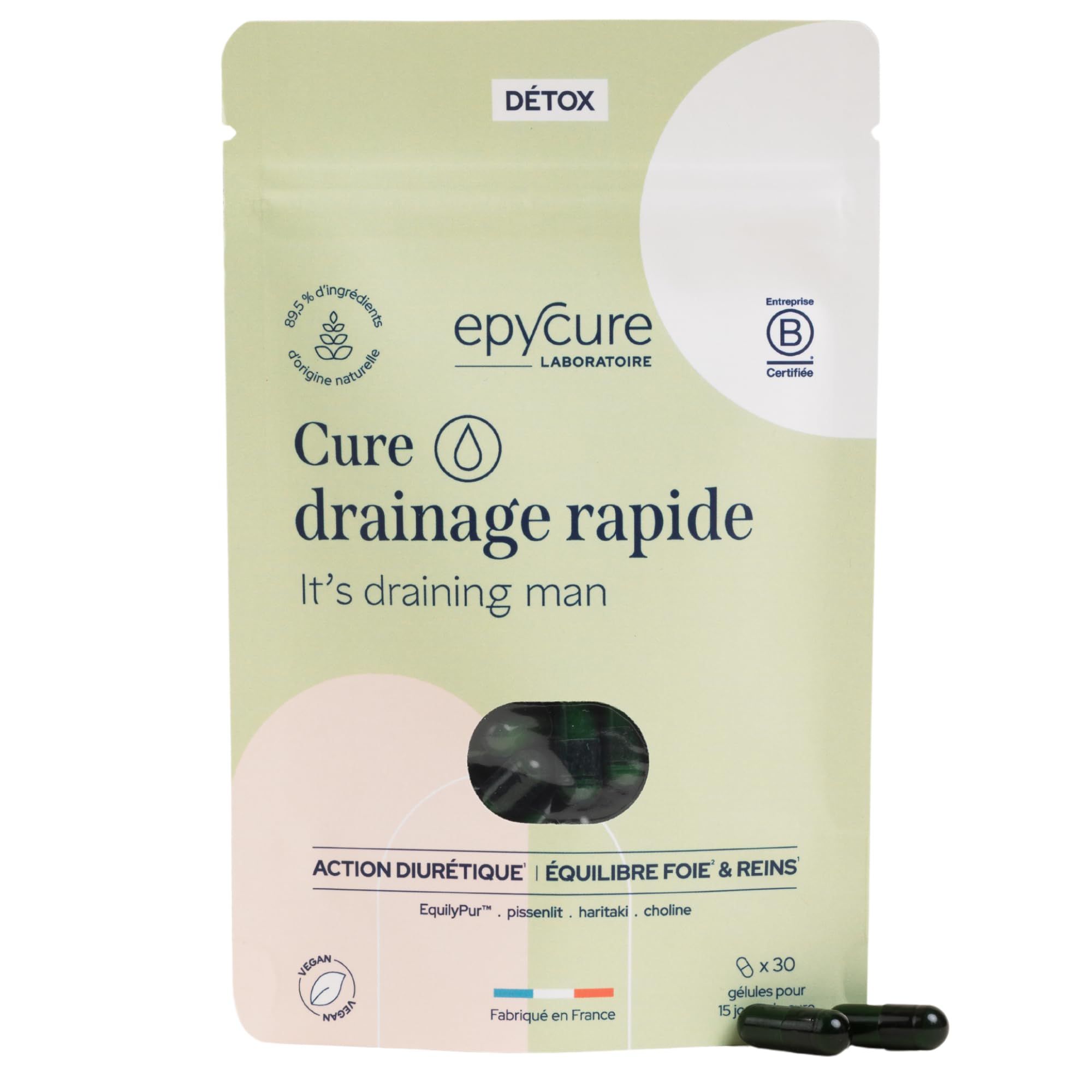 EPYCURE - Cure Drainage Rapide - Élimination des Toxines et Rétention d’Eau - 89,5% Naturel Orthosiphon, Pissenlit, Grande Aunée, Magnésium - 15 Jours - Vegan