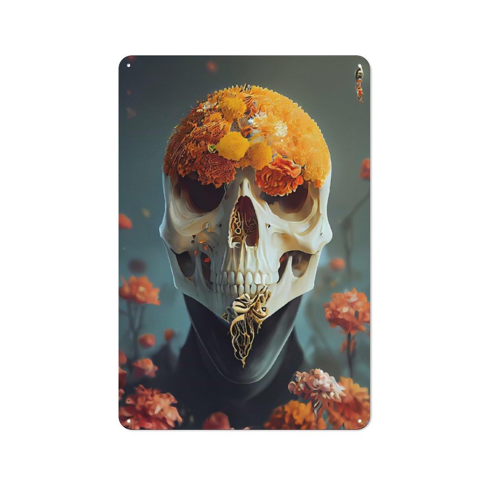 Skull And Marigold Rustic Metal Sign 30x20cm for Workshop Wall, for Collectors of Rustic Metal Wall Decor