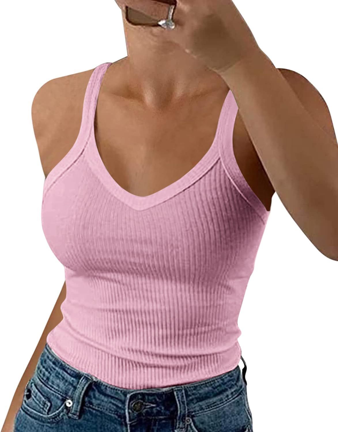 Wenrine Damen Spaghetti Tops Sexy U-Ausschnitt Tank Top Sommer Gerippt Tanktop Slim Fit Einfarbig Camisole