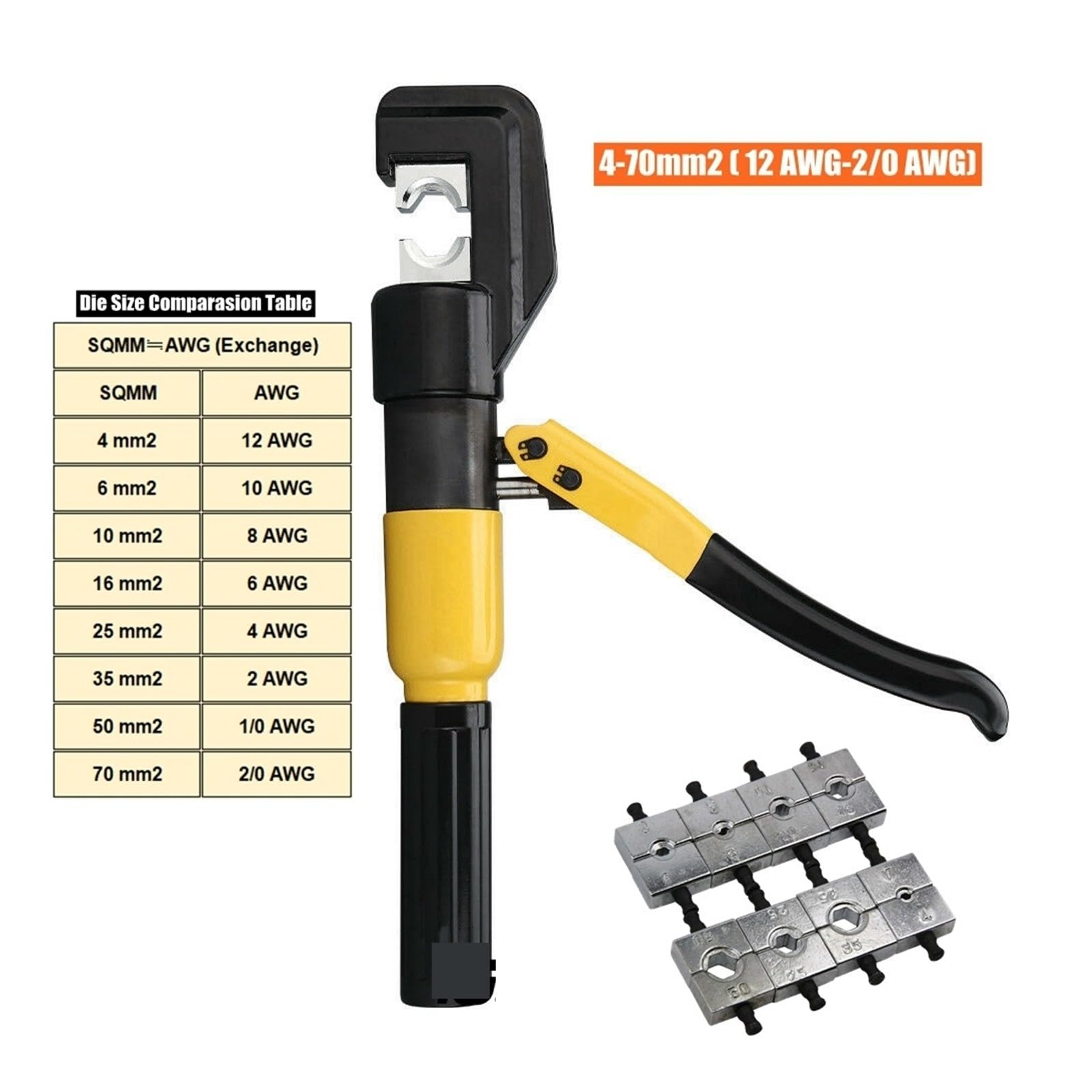 Zaciskarka Hydrauliczna, Zestaw hydraulicznych narzędzi do zaciskania YQK-70 6T, W/8 matryc + futerał przenoszenia kabla z końcówką kablową 4-70mm