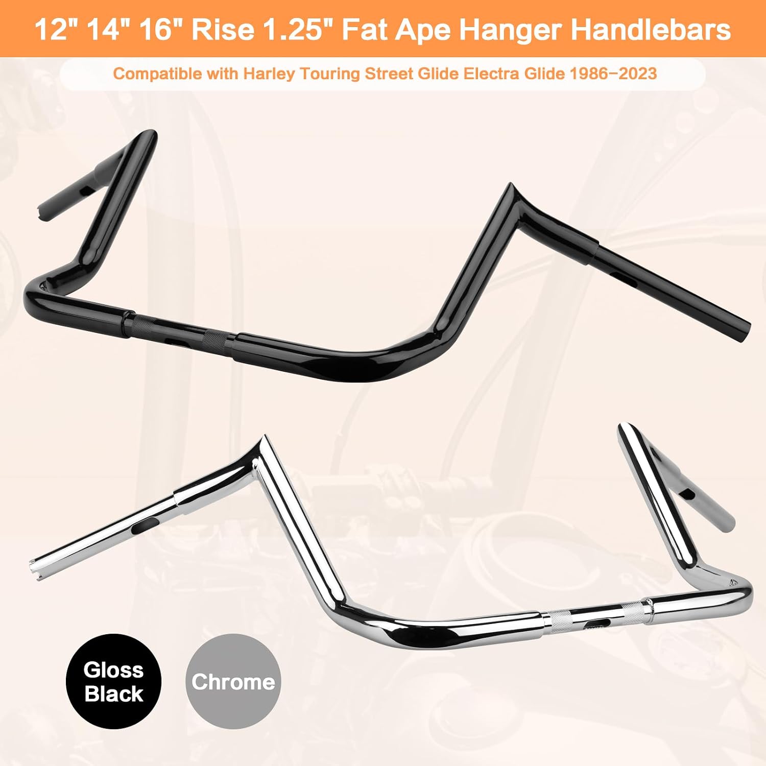 12" Rise Ape Hanger Handlebar 1.25" Fat 1" Clamp Handle bar Motorcycle Miter Meathook Bars Replacement for Harley Touring Model 1986-2023 Street Glide Electra Glide Classic Ultra Limited