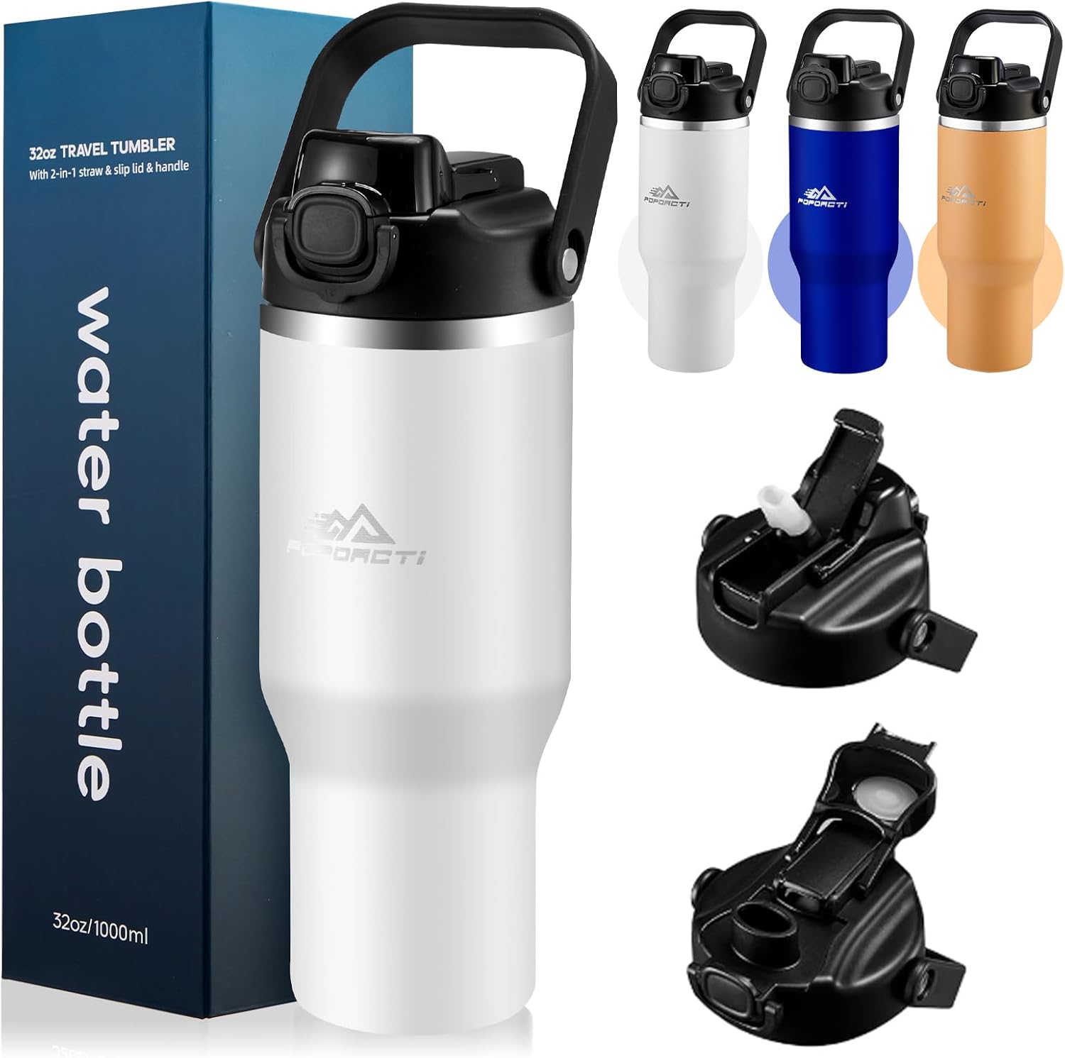 Insulated Tumbler,34 oz Stainless Steel Water Bottle, BPA-Free, Double-Walled Vacuum, Flip Straw for Travel, Keeps Drinks Hot & Cold for 12 Hours,For Outdoors Car Gym Office (White)