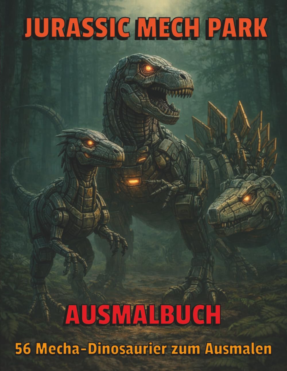 Jurassic Mech Park – Ausmalbuch: 56 Mecha-Dinosaurier zum Ausmalen | Futuristische Roboter-Dinosaurier