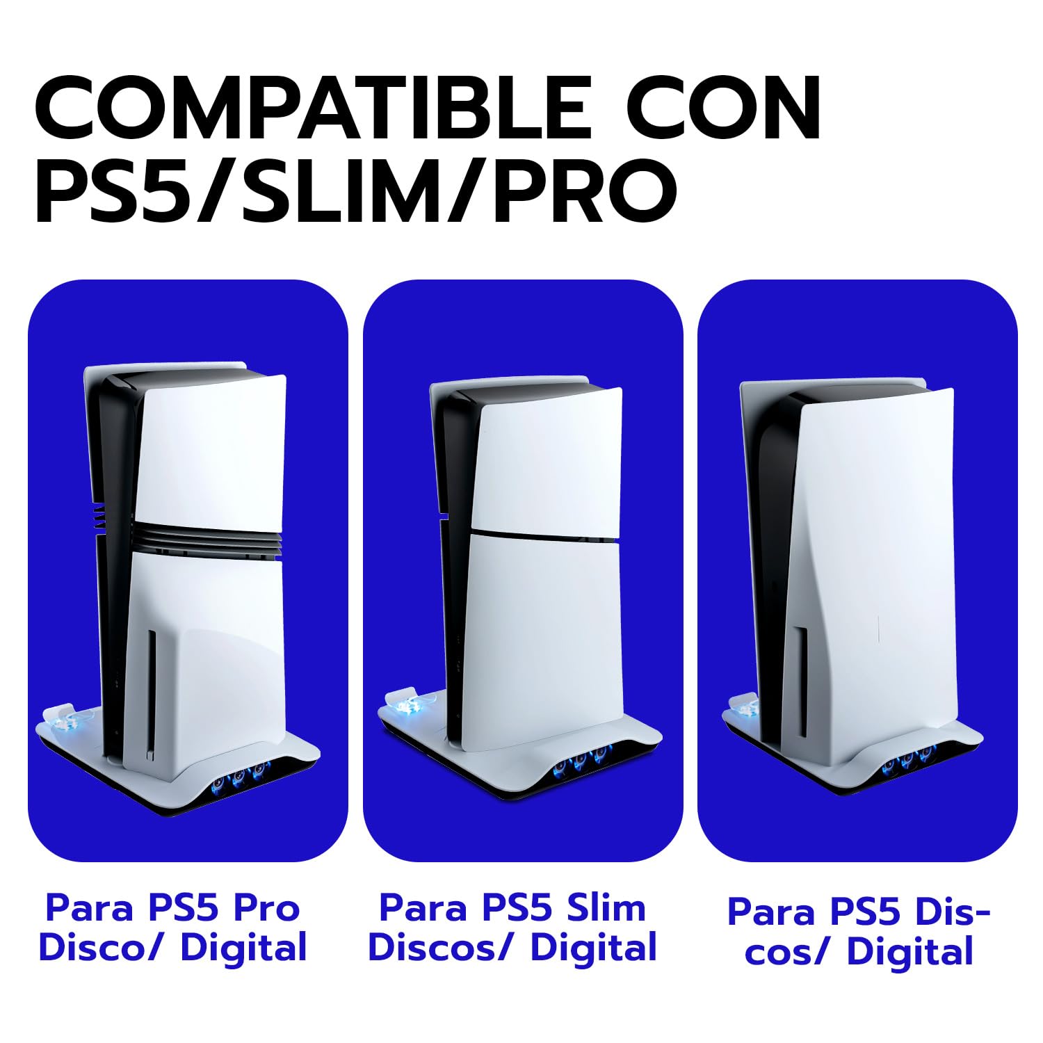 Wigearss Soporte Vertical para PS5/PS5 Slim/PS5 Pro con Ventiladores de Refrigeración, Carga para 2 Mandos, Iluminación LED y Ventilador de Enfriamiento Ajustable en 3 Niveles