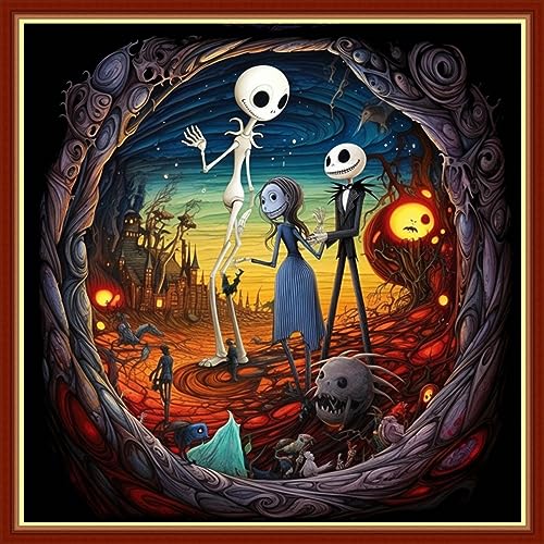 Image of Findvoor Stamped Cross Stitch Kits for Beginners Full Range of Cross Stitching Embroidery Pattern for Adults, 11CT DIY Needlepoint Embroidery Starter Kits-Skeleton Couple 17.7x17.7 inch