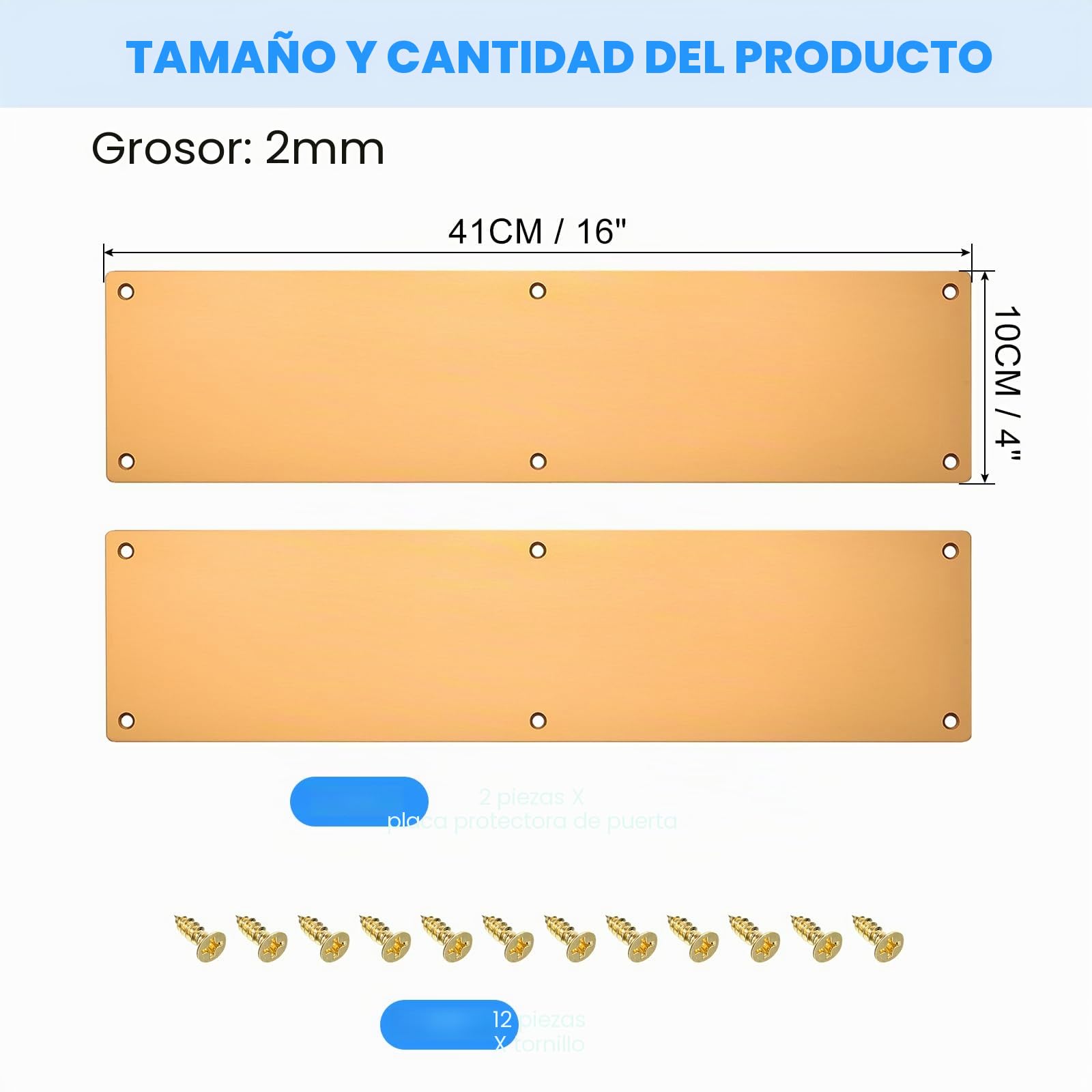 sourcing map 2 piezas Placa inferior para puertas, Placa protectora de puerta de aluminio de 10 x 40 centímetros, espesor de 2 mm, para puerta delantera o trasera exterior, dorado