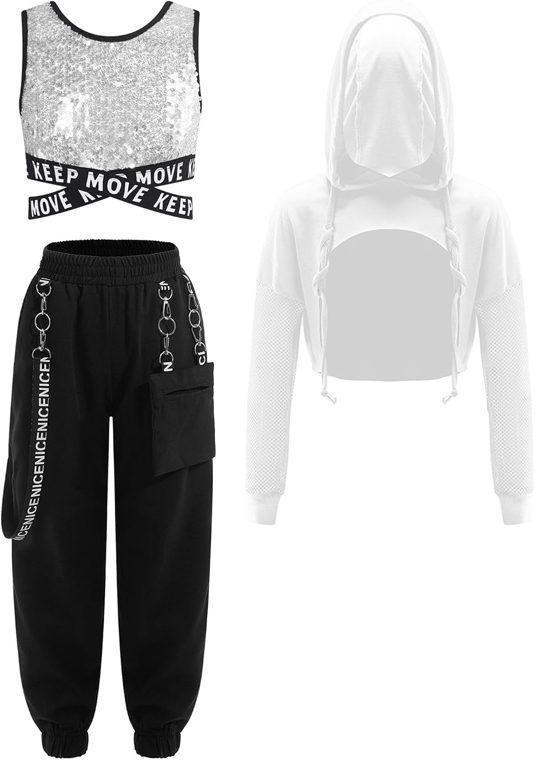Aislor Kids Girls Long Sleeve Hoodie Sequins Vest with Cargo Jogger Pants Set Hip Hop Jazz Street Skateboarding Outfits
