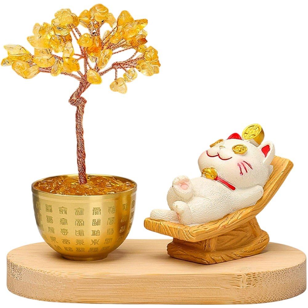 Hrippy Resin Lying Lucky Cat Bonsai Figurine, Tree Desktop Ornament for Office Feng Shui Decor Housewarming Gift
