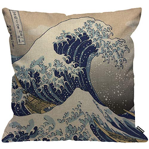 HGOD DESIGNS Housses de Coussin Vague Japonais Hokusai Le Grand Vague de Kanagawa Taies d'oreillers Maison Décoration pour Hommes Femmes Garçon Fille Chambre...