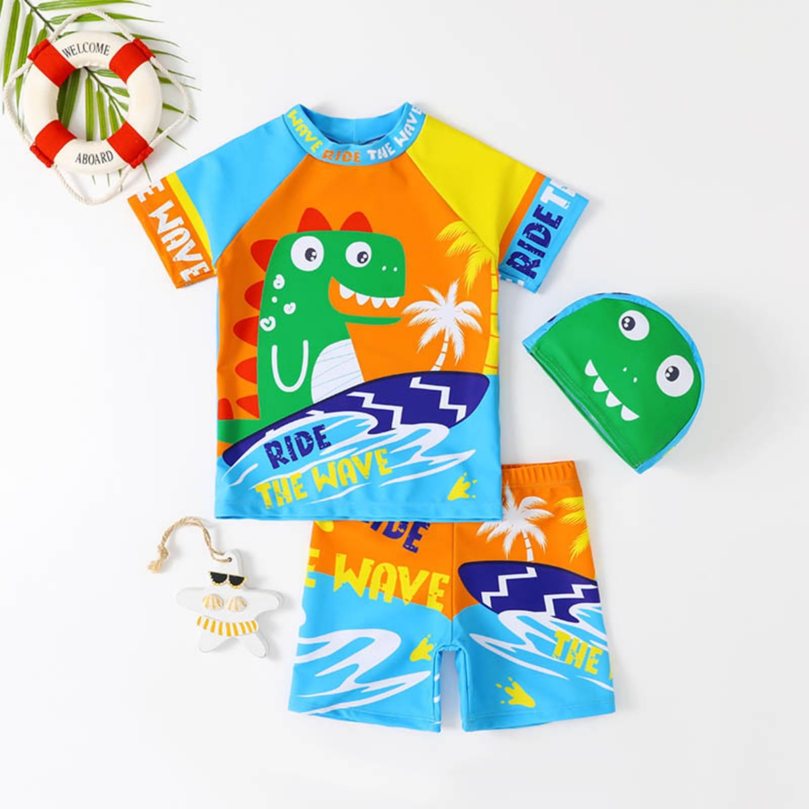 Generisch 2025 - Traje de baño infantil para niños Conjunto de natación de 3 piezas para niños Camiseta de natación de manga corta Bañador Rashguard Trajes de baño 11 años