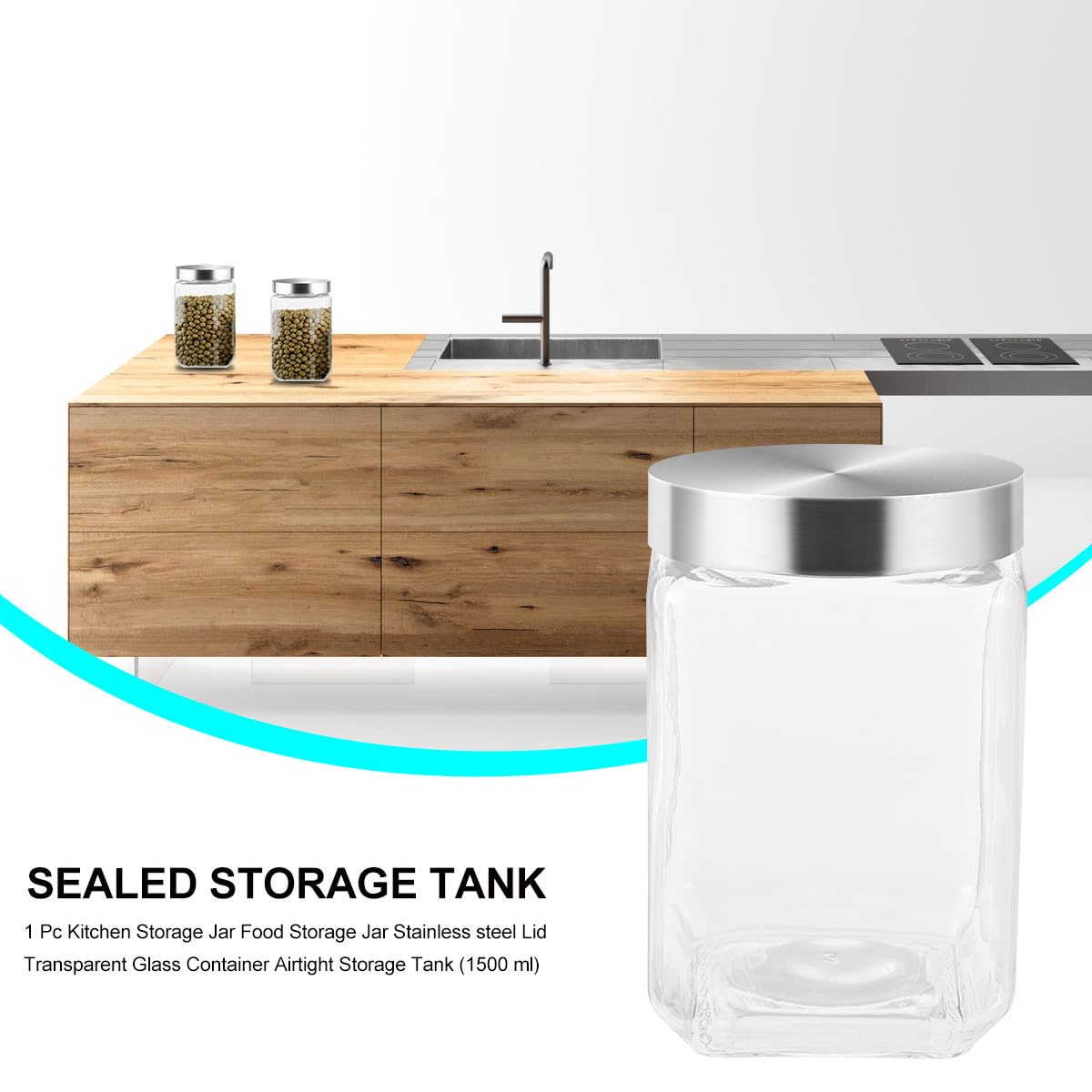 Barattolo Ermetico Facile da Pulire Coperchio in Acciaio Inox in Vetro Trasparente da 1500ml e Riciclabile per Conservazione Alimenti Quotidiana in Cucina
