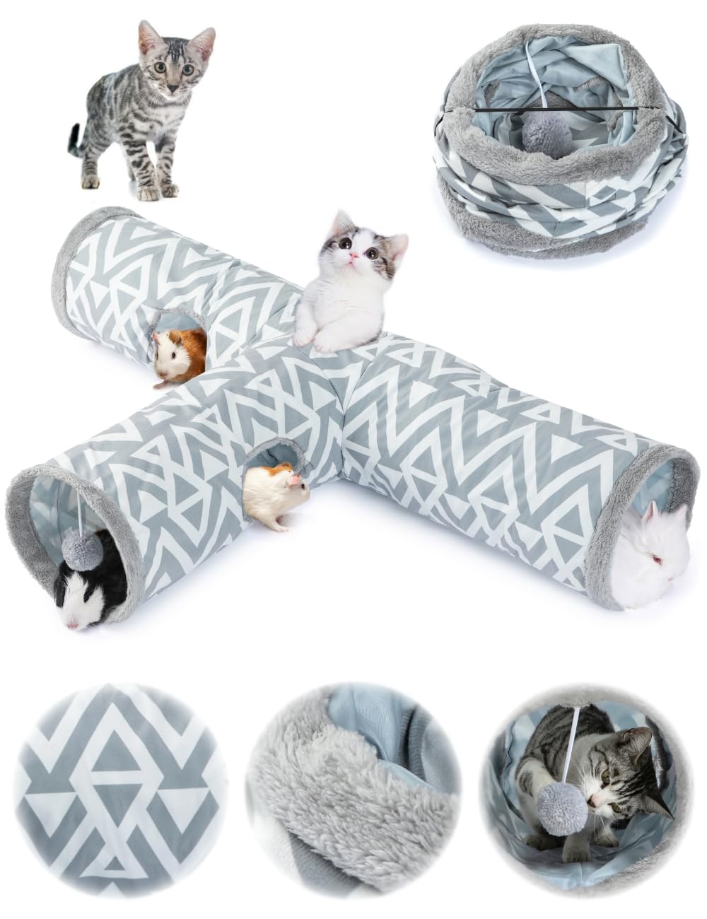 JanYoo Tunnel pour Chat et Lapin - Tunnel de Jeu en Peluche 3 Voies - Jouet pour rongeurs Trou d'espionnage interactif - Ø 26 cm - Gris