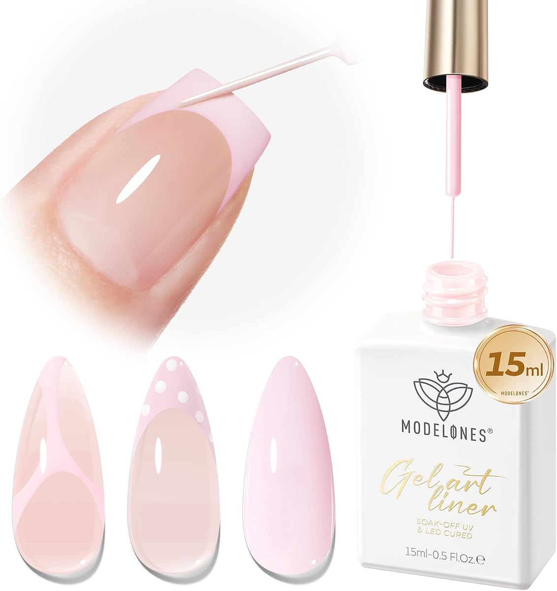 modelones Pink French Tip Liner Gel Polish 15ml Built-in Fine Brush | Baby Pink Nail Art Gel Paint Swirl Fine Line Design Beginner Friendly Long Lasting Soak Off U V Cure DIY Soft Salon Manicure