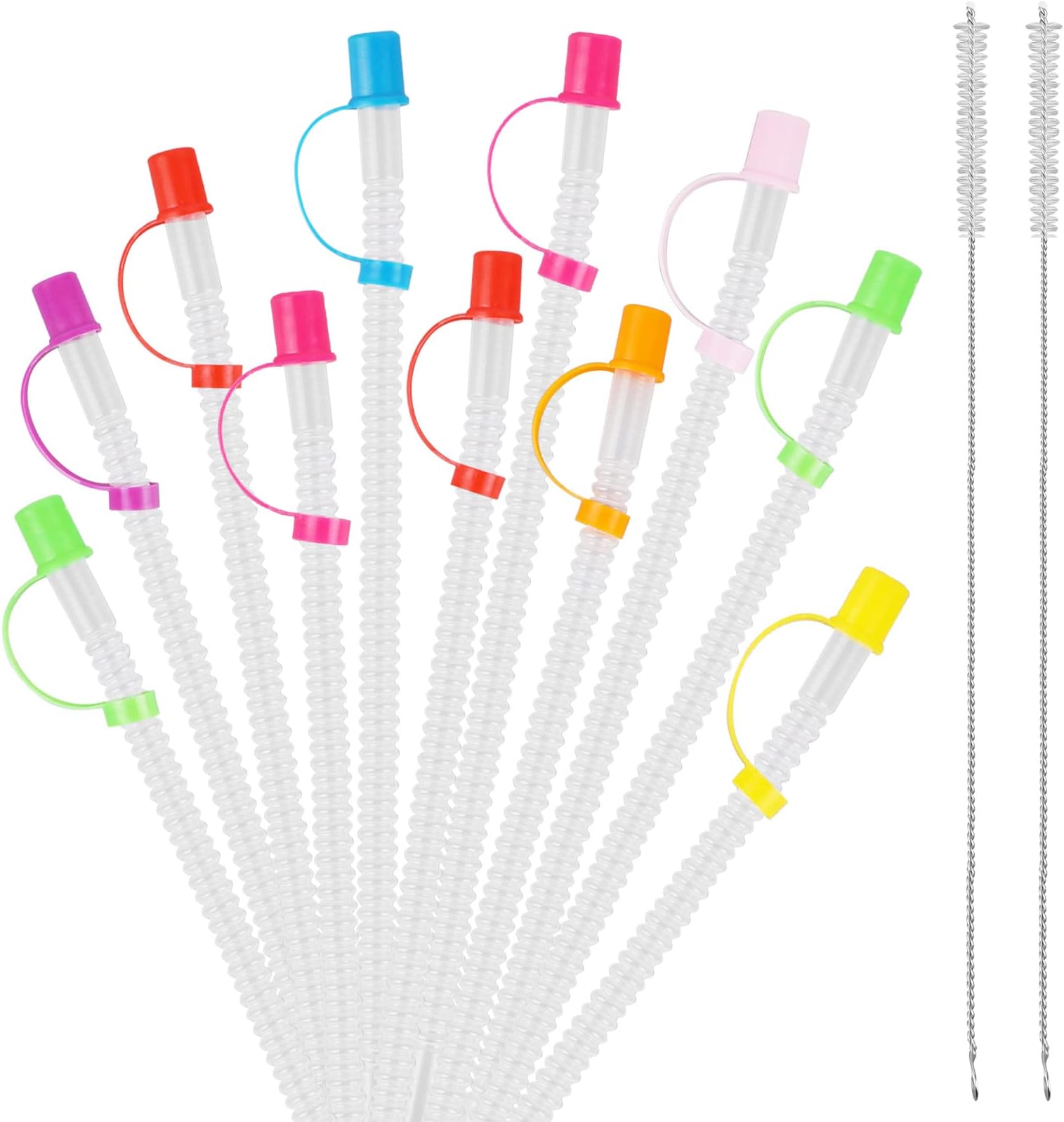 Multifunctional 24 Pack Bendable Straws and Covers. 11 Inch Long Flexible Straws. Reusable with Colored Caps and 2 Straw Cleaning Brushes