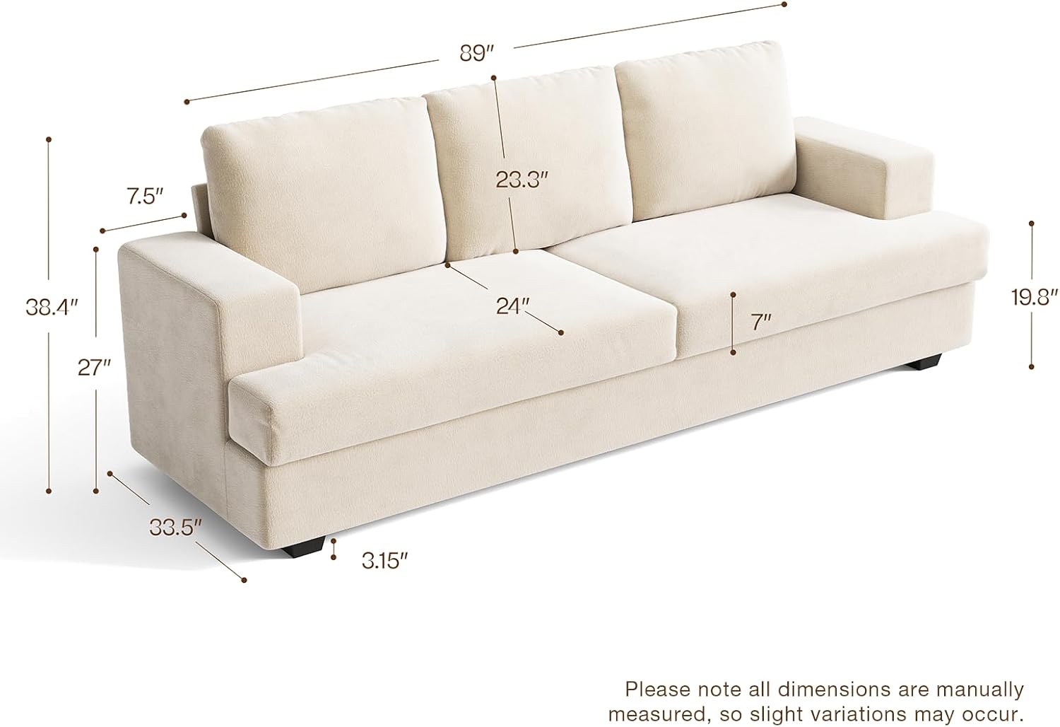 89" 3 Seater Couches for Living Room Sofas Comfy Sectional Couch with 24" Deep Seat Loveseat Sofa for Small Apartment, Cream White