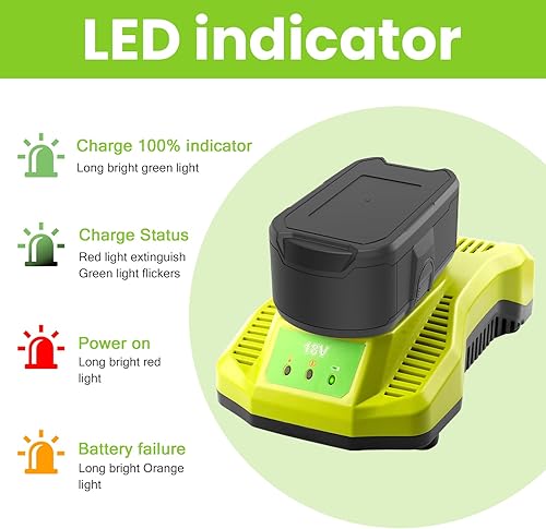 Miniatura 7 de ARyee Paquete de 2 baterías de 18 V con cargador, 6000 mAh de repuesto para Ryobi P107 P108 P109, batería de iones de litio para herramientas
